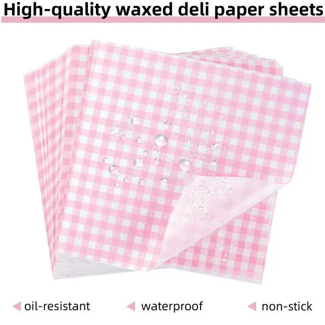 Alt view image 4 of 7 - Waxed Deli Paper Sheets 7x7 Inch, 100 Pack Pink Checkered Sandwich Wrapping Paper, Greaseproof Basket Liners, Precut Deli Wrap Wax Sheets, Microwave Safe Burger/Hot Dog/BBQ/Food Truck/Party