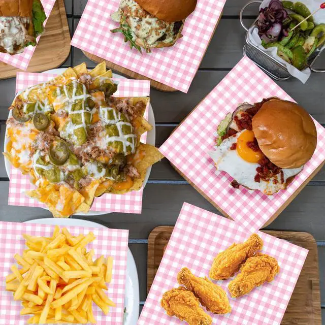Alt view image 5 of 7 - Waxed Deli Paper Sheets 7x7 Inch, 100 Pack Pink Checkered Sandwich Wrapping Paper, Greaseproof Basket Liners, Precut Deli Wrap Wax Sheets, Microwave Safe Burger/Hot Dog/BBQ/Food Truck/Party