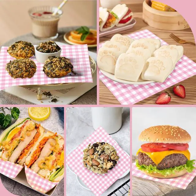 Alt view image 7 of 7 - Waxed Deli Paper Sheets 7x7 Inch, 100 Pack Pink Checkered Sandwich Wrapping Paper, Greaseproof Basket Liners, Precut Deli Wrap Wax Sheets, Microwave Safe Burger/Hot Dog/BBQ/Food Truck/Party