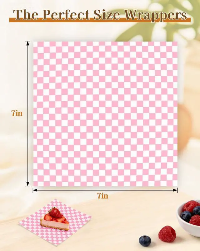 Alt view image 3 of 7 - 7x7 Inch Checkered Waxed Deli Paper-100 Sheets, Greaseproof Food Basket Liners, pink Wrapping Paper-Pink