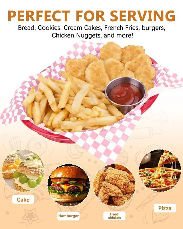 Alt view image 5 of 7 - 7x7 Inch Checkered Waxed Deli Paper-100 Sheets, Greaseproof Food Basket Liners, pink Wrapping Paper-Pink