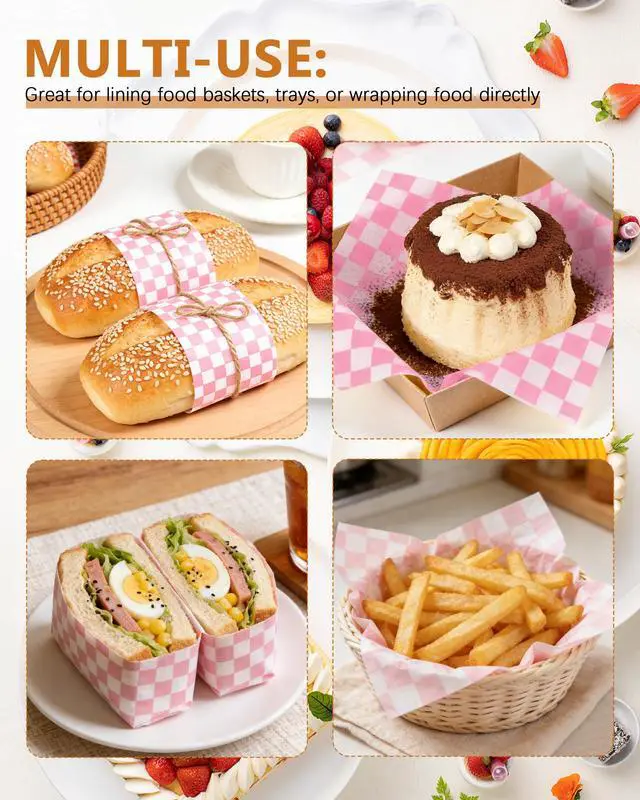 Alt view image 6 of 7 - 7x7 Inch Checkered Waxed Deli Paper-100 Sheets, Greaseproof Food Basket Liners, pink Wrapping Paper-Pink