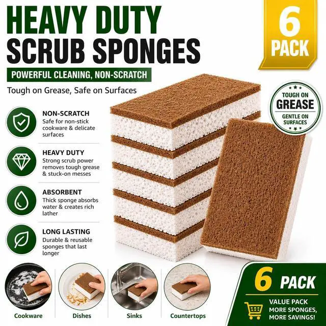 Alt view image 3 of 7 - Heavy Duty Scrub Sponges for Dishes Non-Scratch Kitchen Sponges, Tough on Grease, Safe for Nonstick Cookware, Multi-Purpose Cleaning Sponge (6 Pack)
