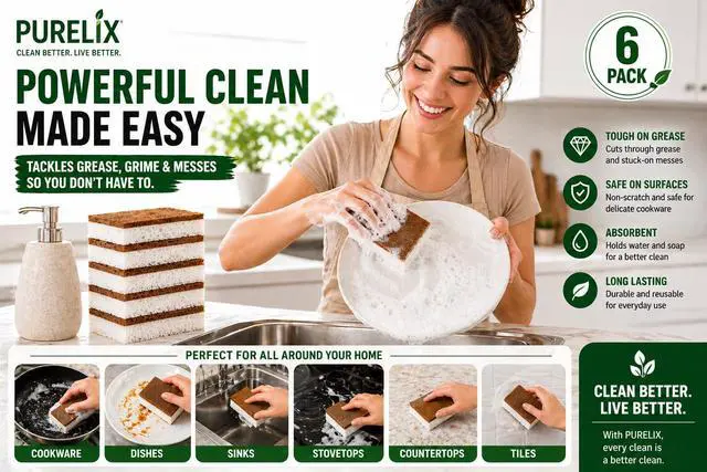 Alt view image 4 of 7 - Heavy Duty Scrub Sponges for Dishes Non-Scratch Kitchen Sponges, Tough on Grease, Safe for Nonstick Cookware, Multi-Purpose Cleaning Sponge (6 Pack)