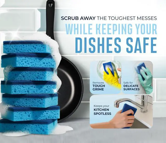 Alt view image 2 of 7 - Blue Scrub Sponges Pack of 6 Dual-Sided Kitchen Sponges for Cleaning Non Scratch for Dishes, Bathroom, Surfaces Durable Dishwashing Sponge