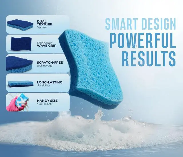 Alt view image 4 of 7 - Blue Scrub Sponges Pack of 6 Dual-Sided Kitchen Sponges for Cleaning Non Scratch for Dishes, Bathroom, Surfaces Durable Dishwashing Sponge