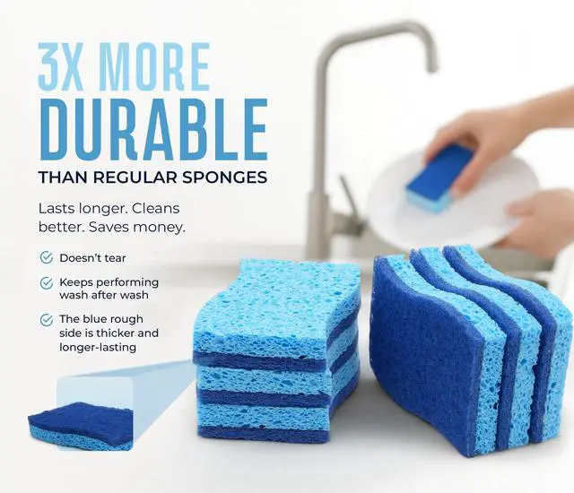 Alt view image 6 of 7 - Blue Scrub Sponges Pack of 6 Dual-Sided Kitchen Sponges for Cleaning Non Scratch for Dishes, Bathroom, Surfaces Durable Dishwashing Sponge