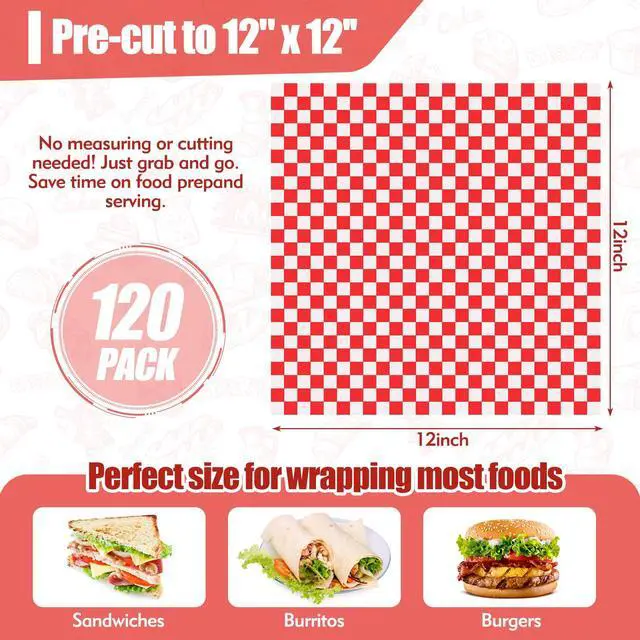 Alt view image 2 of 7 - 120pcs Wax Paper Sheets for Food, 12x12" Grease Proof Sandwich Wrapping Paper, Premium Deli Paper Sheets, Pre Cut Checkered Food Basket Liners for BBQ, Picnic, Festival, Fair by Neyimqr