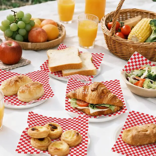 Alt view image 7 of 7 - 120pcs Wax Paper Sheets for Food, 12x12" Grease Proof Sandwich Wrapping Paper, Premium Deli Paper Sheets, Pre Cut Checkered Food Basket Liners for BBQ, Picnic, Festival, Fair by Neyimqr