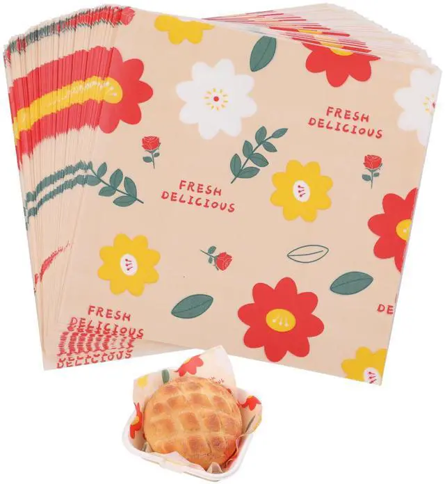Main image of Waxed Deli Paper Sheets 7 * 7 Inch, 100 Pcs Food Basket Liners for French Fries, Burgers, Dry Sandwich Wrap Paper Sheets Floral
