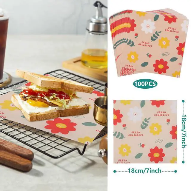 Alt view image 3 of 7 - Waxed Deli Paper Sheets 7 * 7 Inch, 100 Pcs Food Basket Liners for French Fries, Burgers, Dry Sandwich Wrap Paper Sheets Floral