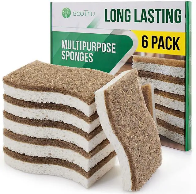 Main image of 6 Pack Washing Up Sponges, Eco Kitchen Dish Cleaning Sponges, Biodegradable & Compostable Natural Cellulose Sponge with Coconut Fibre Scrubber, Non Scratch Heavy Duty Scouring Pad