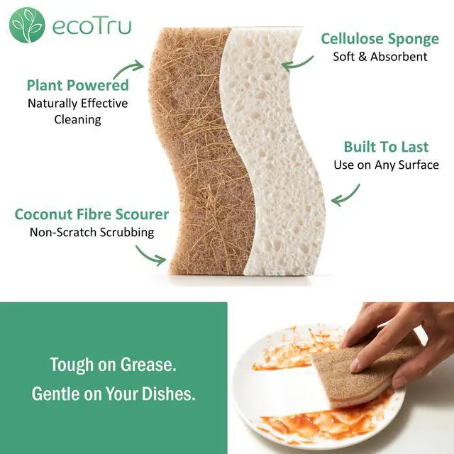 Alt view image 2 of 7 - 6 Pack Washing Up Sponges, Eco Kitchen Dish Cleaning Sponges, Biodegradable & Compostable Natural Cellulose Sponge with Coconut Fibre Scrubber, Non Scratch Heavy Duty Scouring Pad