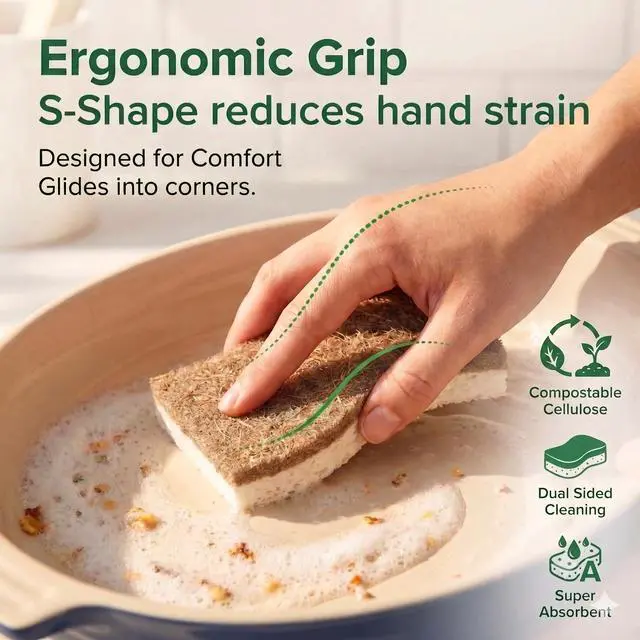 Alt view image 4 of 7 - 6 Pack Washing Up Sponges, Eco Kitchen Dish Cleaning Sponges, Biodegradable & Compostable Natural Cellulose Sponge with Coconut Fibre Scrubber, Non Scratch Heavy Duty Scouring Pad