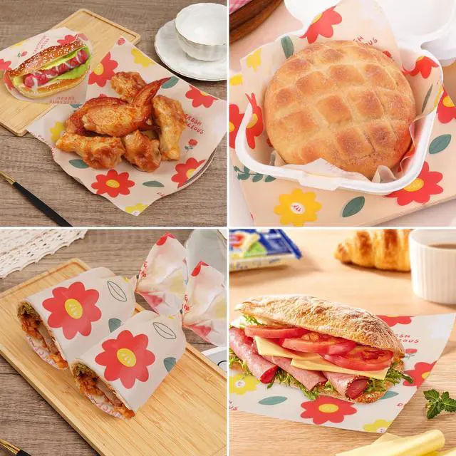 Alt view image 6 of 7 - Waxed Deli Paper Sheets 7 * 7 Inch, 100 Pcs Food Basket Liners for French Fries, Burgers, Dry Sandwich Wrap Paper Sheets Floral