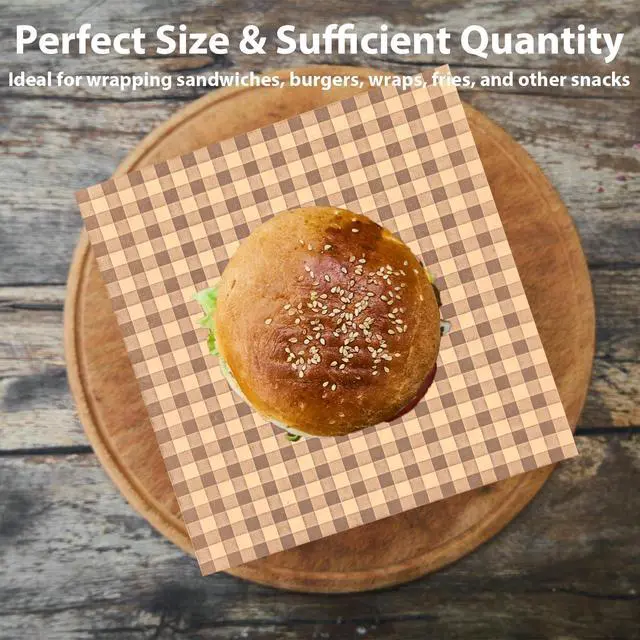 Alt view image 3 of 6 - 100Pcs Wax Paper Sheets for Food 7.1x7.1" Deli Sandwich Cookie Bread Burgers Greaseproof Wrapping Safe Tissue Parchment Butcher Paper Basket Liners Paper Dark Checkered Squares Brown Christmas