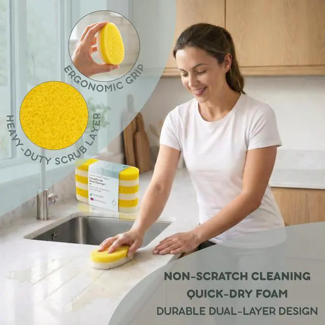 Alt view image 5 of 7 - Dish Sponge scrubber Non Scratch 2-Layer Heavy Duty Scrub Foam & Soft Absorbent Ergonomic Kitchen Sponges for Dishes, Pots Pans, Sink bathroom scrubber Window scrubbies Cleaning home essentials,6 Pack
