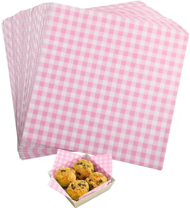 Main image of Waxed Deli Paper Sheets 7 * 7 Inch for Food Wrapping, 100 Pcs Food Basket Liners for Sandwiches Burgers 2026 Treats Wrap Wax Papers Gingham Pink