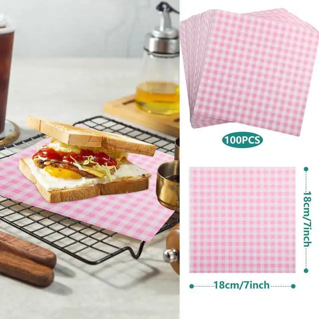 Alt view image 2 of 7 - Waxed Deli Paper Sheets 7 * 7 Inch for Food Wrapping, 100 Pcs Food Basket Liners for Sandwiches Burgers 2026 Treats Wrap Wax Papers Gingham Pink