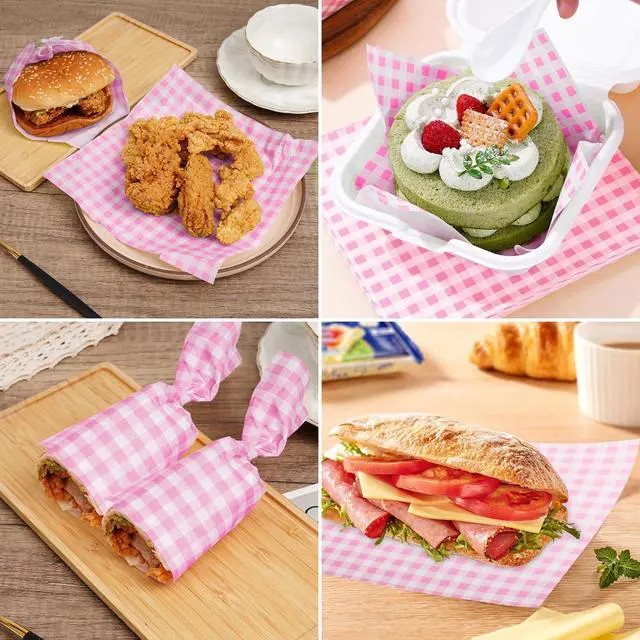 Alt view image 5 of 7 - Waxed Deli Paper Sheets 7 * 7 Inch for Food Wrapping, 100 Pcs Food Basket Liners for Sandwiches Burgers 2026 Treats Wrap Wax Papers Gingham Pink