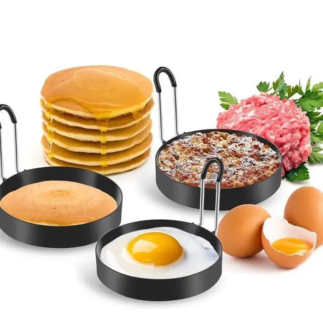 Alt view image 3 of 4 - 3.5" Egg Rings Set of 4 with Silicone Handle, Large Ring for Frying Eggs, Round Mold for English Muffins - Griddle Cooking Shaper for Indoor Camping Breakfast Sandwiches w/Silicone Oil Brush