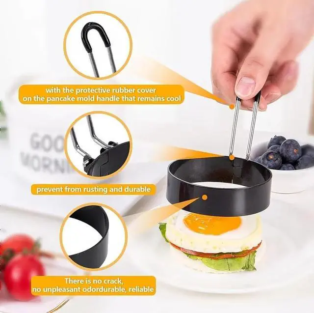 Alt view image 4 of 4 - 3.5" Egg Rings Set of 4 with Silicone Handle, Large Ring for Frying Eggs, Round Mold for English Muffins - Griddle Cooking Shaper for Indoor Camping Breakfast Sandwiches w/Silicone Oil Brush