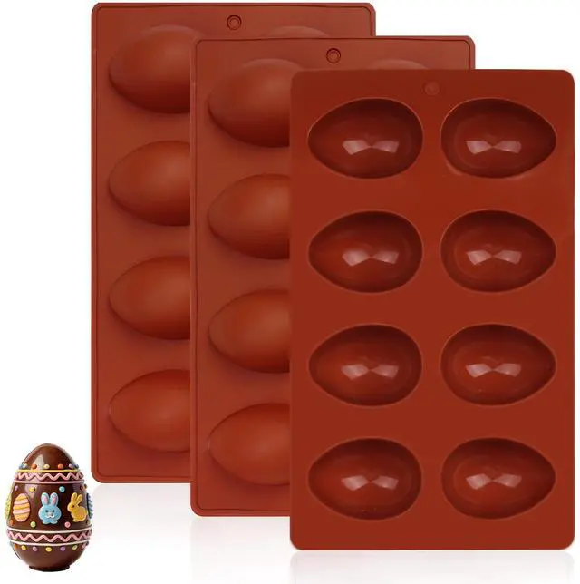 Main image of Egg Molds Set of 3 for Easter 8 Cavities Silicone Egg Pan Baking Supplies for Cake Decorating Chocolate Candy (3, Brick red)