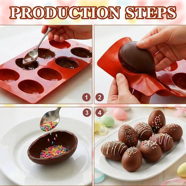 Alt view image 3 of 7 - Egg Molds Set of 3 for Easter 8 Cavities Silicone Egg Pan Baking Supplies for Cake Decorating Chocolate Candy (3, Brick red)