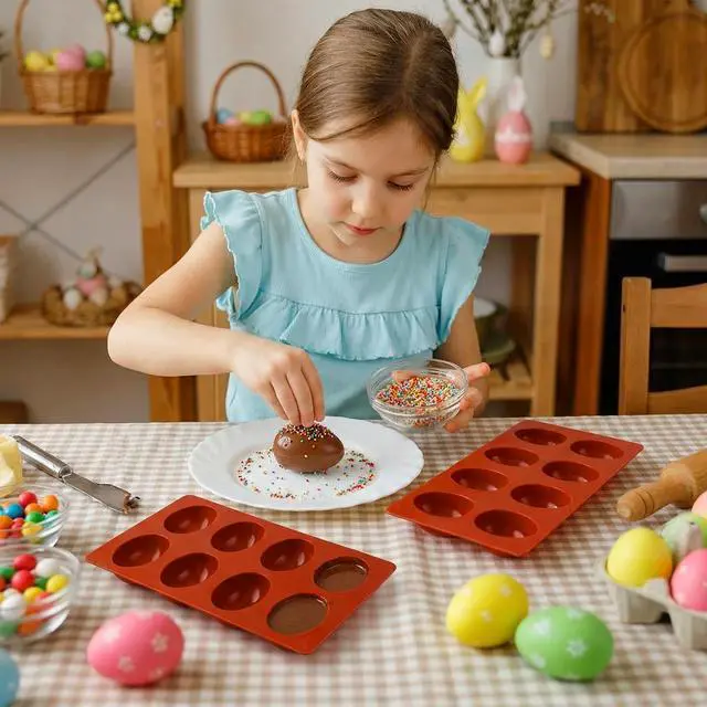 Alt view image 4 of 7 - Egg Molds Set of 3 for Easter 8 Cavities Silicone Egg Pan Baking Supplies for Cake Decorating Chocolate Candy (3, Brick red)