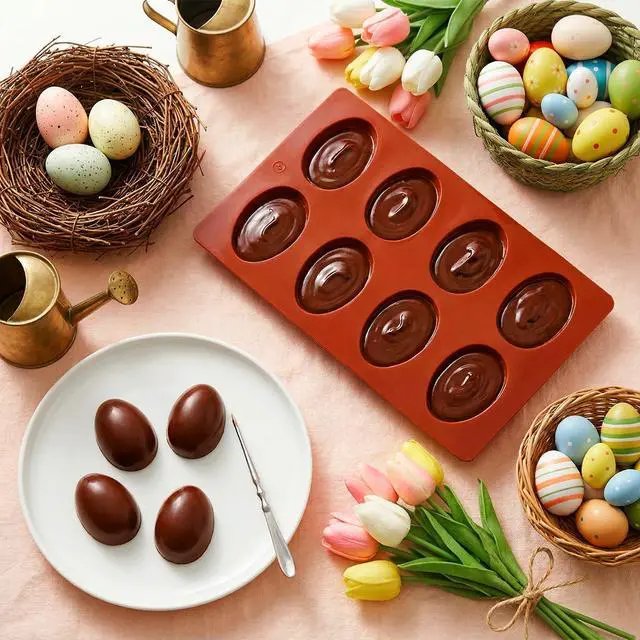 Alt view image 6 of 7 - Egg Molds Set of 3 for Easter 8 Cavities Silicone Egg Pan Baking Supplies for Cake Decorating Chocolate Candy (3, Brick red)