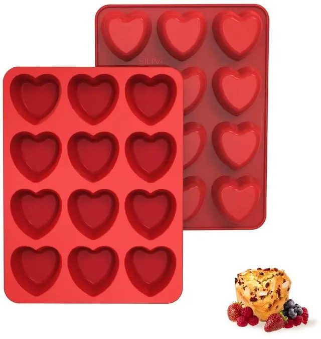 Main image of Silicone Heart Muffin Pan (2 Pack) - Nonstick Silicone Molds for Baking, Cupcake Pan for Brownies, Tartlets and Egg Bites