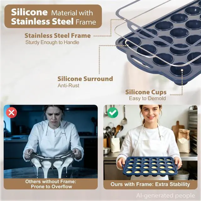 Alt view image 5 of 7 - Mini Silicone Muffin Pan with Frame Non Stick Cupcake Tin Baking Mold