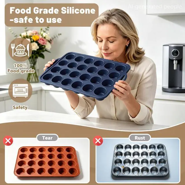 Alt view image 7 of 7 - Mini Silicone Muffin Pan with Frame Non Stick Cupcake Tin Baking Mold