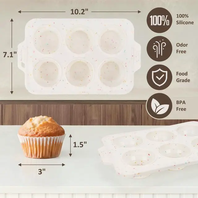 Alt view image 2 of 7 - 2 Pack Silicone Muffin Pan - Non Stick Collapsible Metal-Reinforced Frame Cupcake Pan with Handles 6 Cup Regular, BPA Free Cupcake and Medium Muffin Tray, Baking Pan Molds for Oven Dishwasher Safe