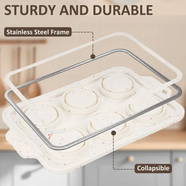 Alt view image 3 of 7 - 2 Pack Silicone Muffin Pan - Non Stick Collapsible Metal-Reinforced Frame Cupcake Pan with Handles 6 Cup Regular, BPA Free Cupcake and Medium Muffin Tray, Baking Pan Molds for Oven Dishwasher Safe