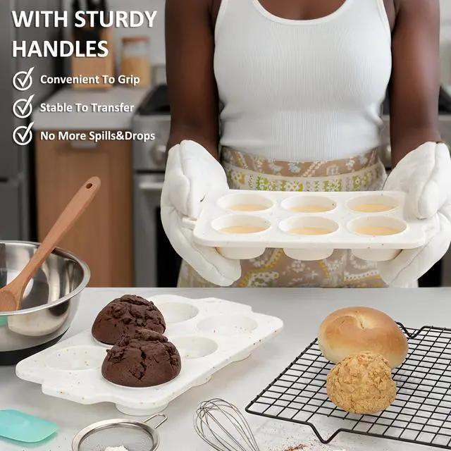 Alt view image 4 of 7 - 2 Pack Silicone Muffin Pan - Non Stick Collapsible Metal-Reinforced Frame Cupcake Pan with Handles 6 Cup Regular, BPA Free Cupcake and Medium Muffin Tray, Baking Pan Molds for Oven Dishwasher Safe