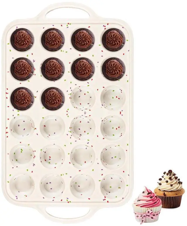 Main image of Silicone Mini Muffin Pan With Metal Reinforced Frame - 24 Cups Durable Silicone Cupcake Pan for Muffin, Cupcakes, BPA Free and Dishwasher Safe - 1 Piece Beige with Rainbow Spots
