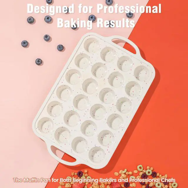 Alt view image 2 of 7 - Silicone Mini Muffin Pan With Metal Reinforced Frame - 24 Cups Durable Silicone Cupcake Pan for Muffin, Cupcakes, BPA Free and Dishwasher Safe - 1 Piece Beige with Rainbow Spots