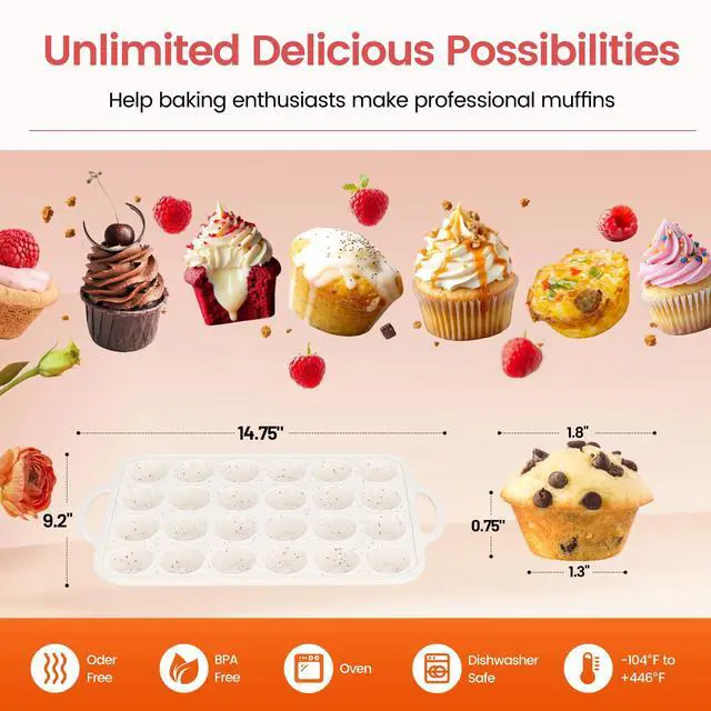 Alt view image 4 of 7 - Silicone Mini Muffin Pan With Metal Reinforced Frame - 24 Cups Durable Silicone Cupcake Pan for Muffin, Cupcakes, BPA Free and Dishwasher Safe - 1 Piece Beige with Rainbow Spots