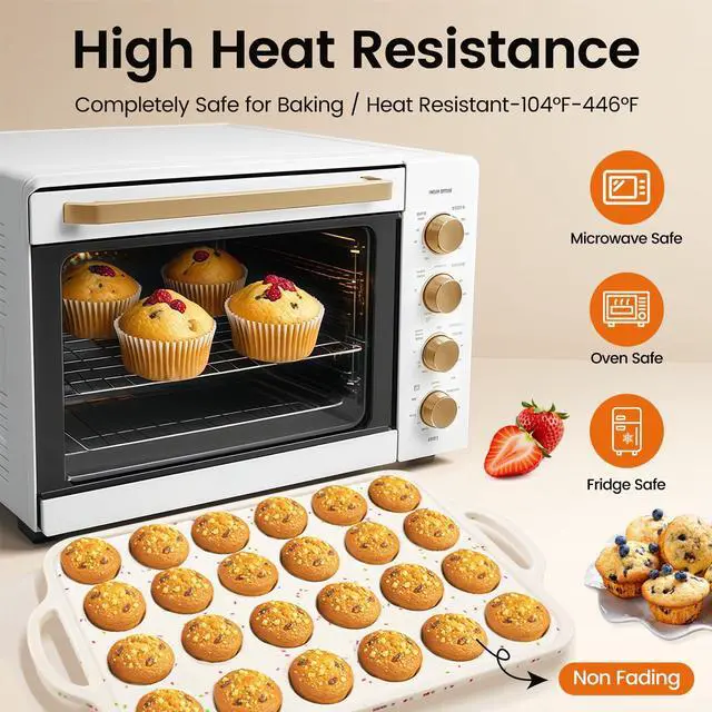 Alt view image 6 of 7 - Silicone Mini Muffin Pan With Metal Reinforced Frame - 24 Cups Durable Silicone Cupcake Pan for Muffin, Cupcakes, BPA Free and Dishwasher Safe - 1 Piece Beige with Rainbow Spots