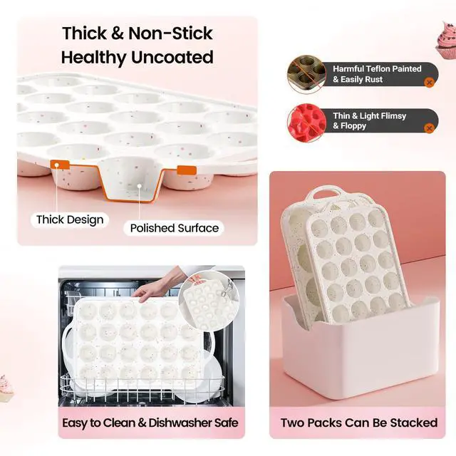 Alt view image 7 of 7 - Silicone Mini Muffin Pan With Metal Reinforced Frame - 24 Cups Durable Silicone Cupcake Pan for Muffin, Cupcakes, BPA Free and Dishwasher Safe - 1 Piece Beige with Rainbow Spots
