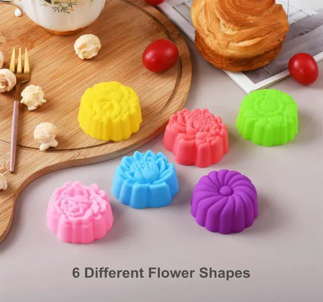 Alt view image 2 of 7 - Reusable Silicone Baking Cups, 2 Inch Mini Size Silicone Cupcake Liners for baking, Multi Flower Shapes reusable Muffin Liners, Pack of 36, Multicolor