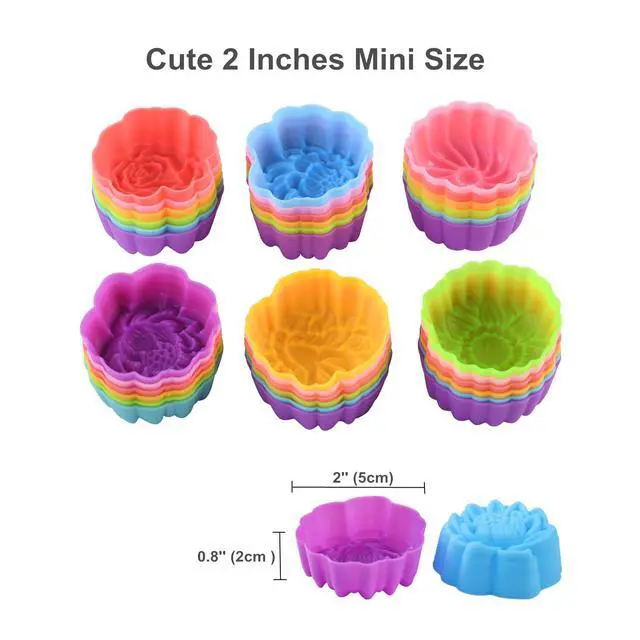 Alt view image 3 of 7 - Reusable Silicone Baking Cups, 2 Inch Mini Size Silicone Cupcake Liners for baking, Multi Flower Shapes reusable Muffin Liners, Pack of 36, Multicolor