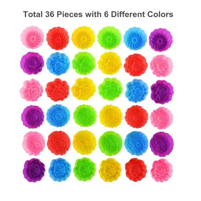 Alt view image 4 of 7 - Reusable Silicone Baking Cups, 2 Inch Mini Size Silicone Cupcake Liners for baking, Multi Flower Shapes reusable Muffin Liners, Pack of 36, Multicolor