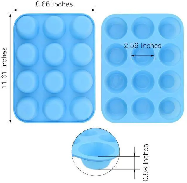 Alt view image 2 of 5 - 12-Cup Silicone Muffin Pan, Pack of 2 Non-Stick Muffin Molds, Baking Pan for Cupcake, Tarts, Egg Bites-Blue
