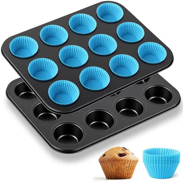 Main image of 2 Set 12-cup Non Stick Carbon Steel Muffin Pan for Baking with 24 Reusable Silicone Liners, Non Toxic Cupcake Pan Muffin Tin for Easter Wedding Brownies Egg Bite, Easy to Pop(Blue)