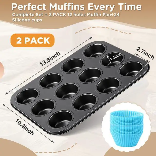 Alt view image 2 of 6 - 2 Set 12-cup Non Stick Carbon Steel Muffin Pan for Baking with 24 Reusable Silicone Liners, Non Toxic Cupcake Pan Muffin Tin for Easter Wedding Brownies Egg Bite, Easy to Pop(Blue)