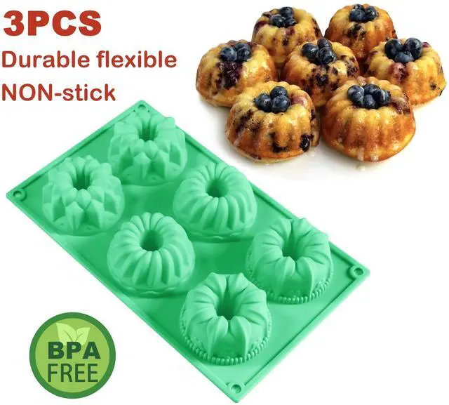 Alt view image 4 of 7 - 6-Cavity Fluted Tube Cake Pan,3Pcs Silicone Cake Pan, Non-stick Mix Mini Baking Mold for Cupcake Cornbread Brownie Jello