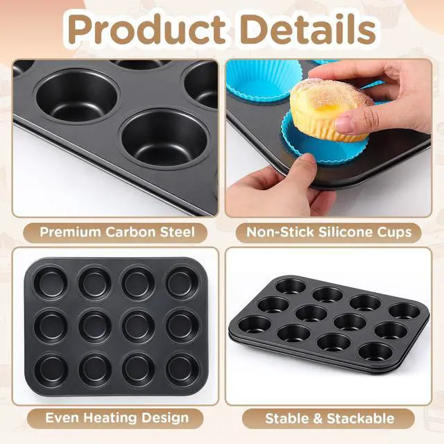 Alt view image 3 of 6 - 2 Set 12-cup Non Stick Carbon Steel Muffin Pan for Baking with 24 Reusable Silicone Liners, Non Toxic Cupcake Pan Muffin Tin for Easter Wedding Brownies Egg Bite, Easy to Pop(Blue)