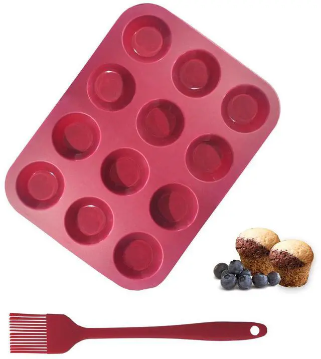 Main image of Silicone Muffin Pan, 12-Cup Cupcake Pan with Silicone Pastry Brush for Mini Egg Muffin, Keto Diet, BPA Free, Dark Red